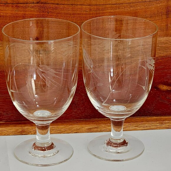 2 Sasaki Wheat Water Ice Tea Glasses etched crystal 5.25" smooth stem 1950s vtg - Picture 2 of 7